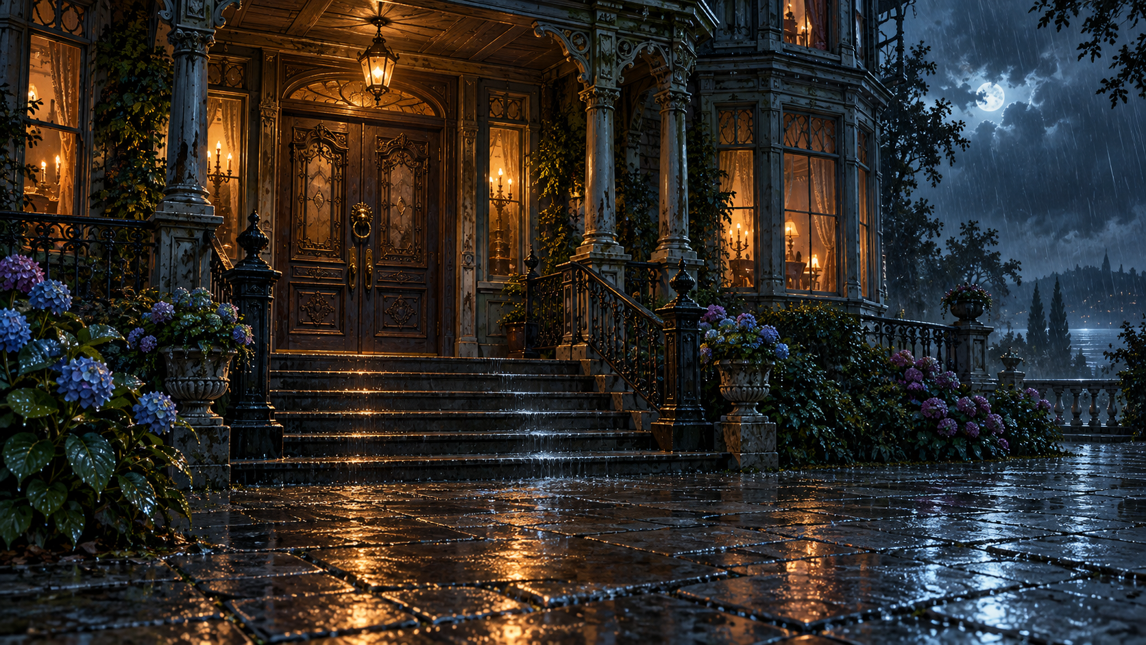 The rain-soaked entrance to Morrow House